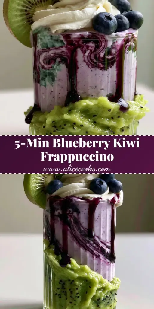 A handheld photo of a layered Blueberry Kiwi Frappuccino in a clear ribbed glass with kiwi puree at the bottom and a pastel violet smoothie top.