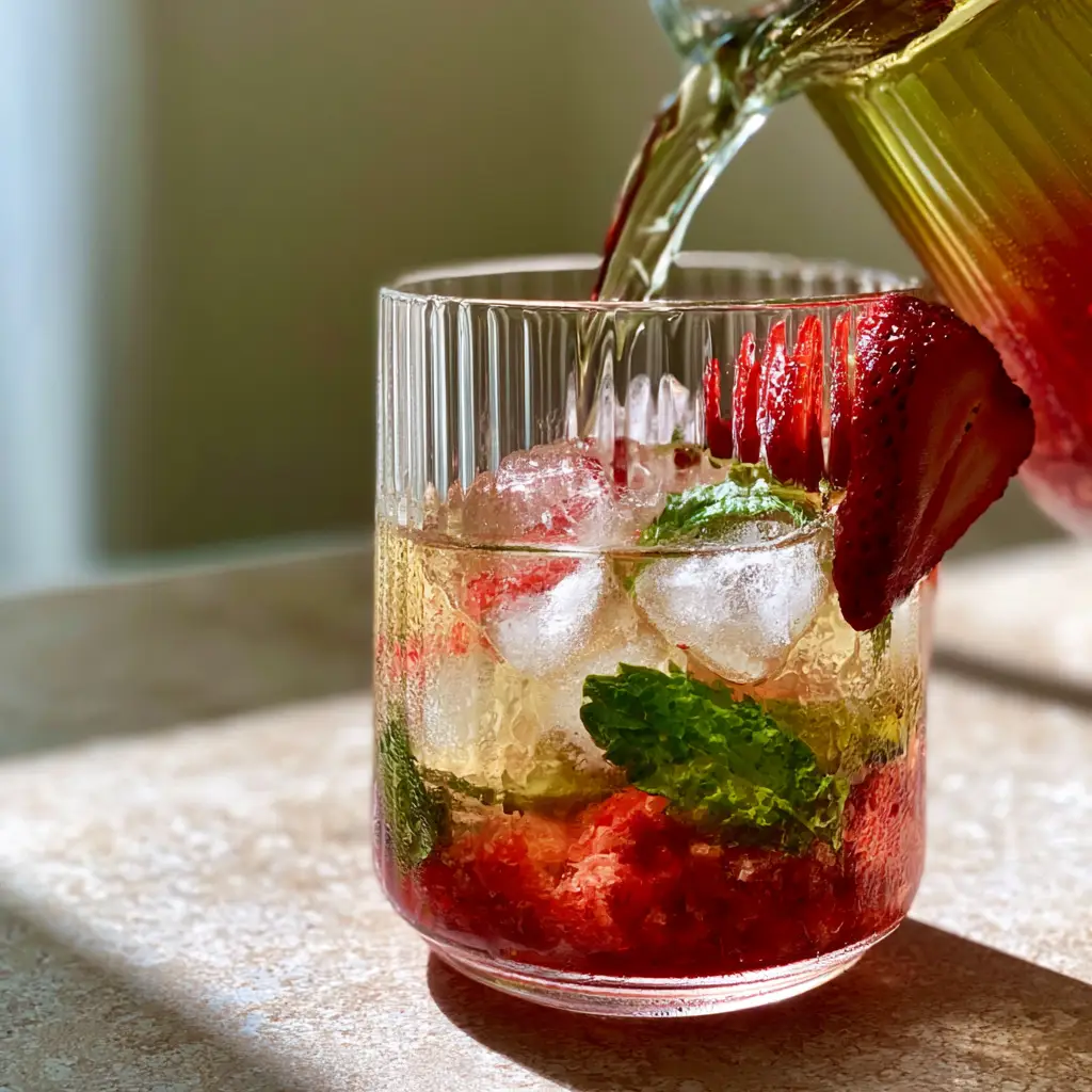 Strawberry Green Tea: The Ultimate Home Cafe Layered Iced Tea Recipe 2 Golden-green tea being poured into a glass filled with ice and crushed strawberries. (strawberry green tea)