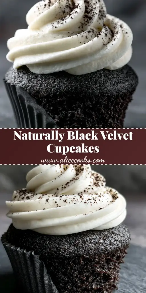 Close-up of black velvet cupcakes with stark-white cream cheese frosting and a dusting of black cocoa powder on a dark slate plate.