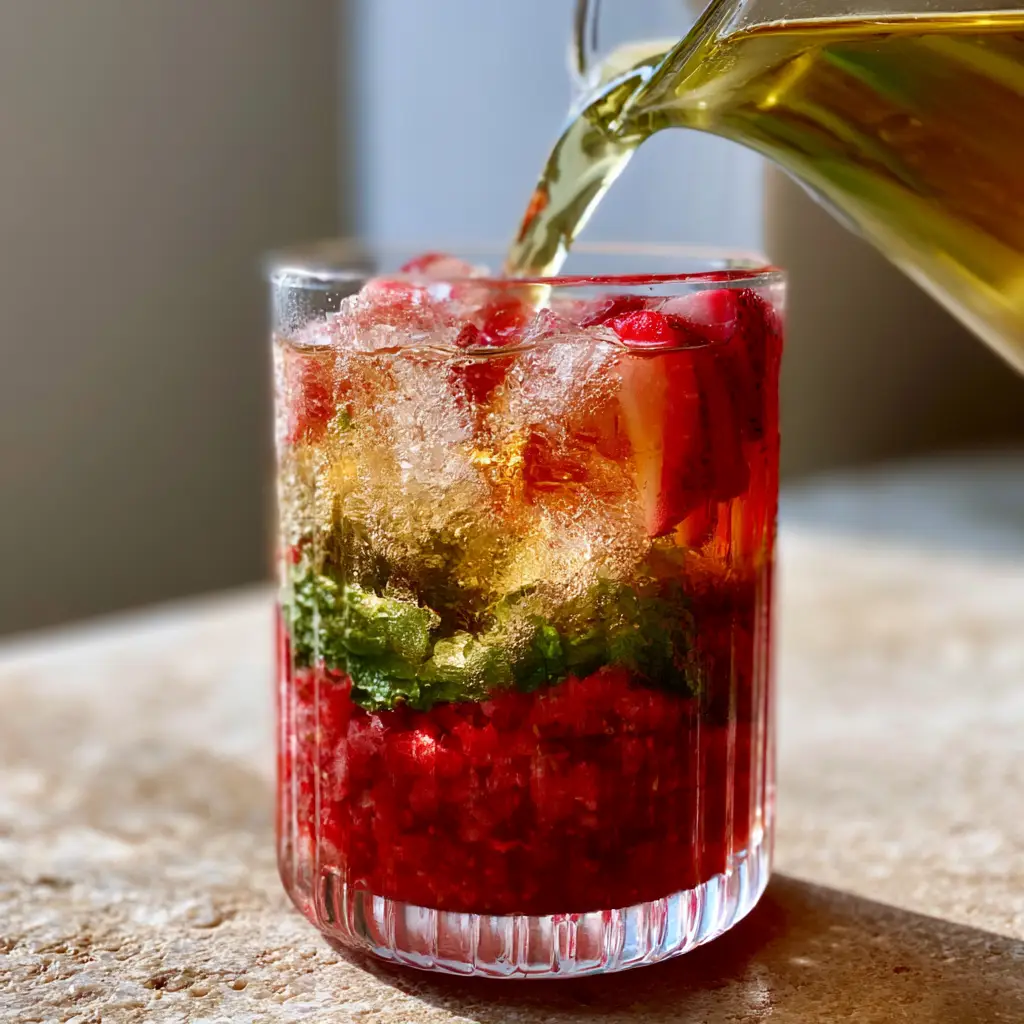 Strawberry Green Tea: The Ultimate Home Cafe Layered Iced Tea Recipe 1 Close up of strawberry green tea condensation and mint leaves in a ribbed glass.
