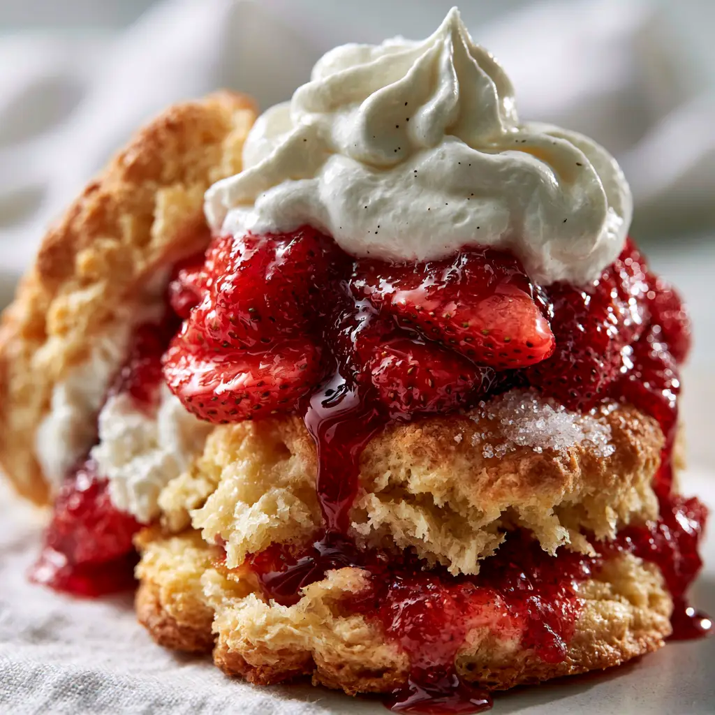 Home 6 Extreme close-up of a flaky buttermilk biscuit split open with glistening strawberries and vanilla bean cream. (Homemade strawberry shortcake)