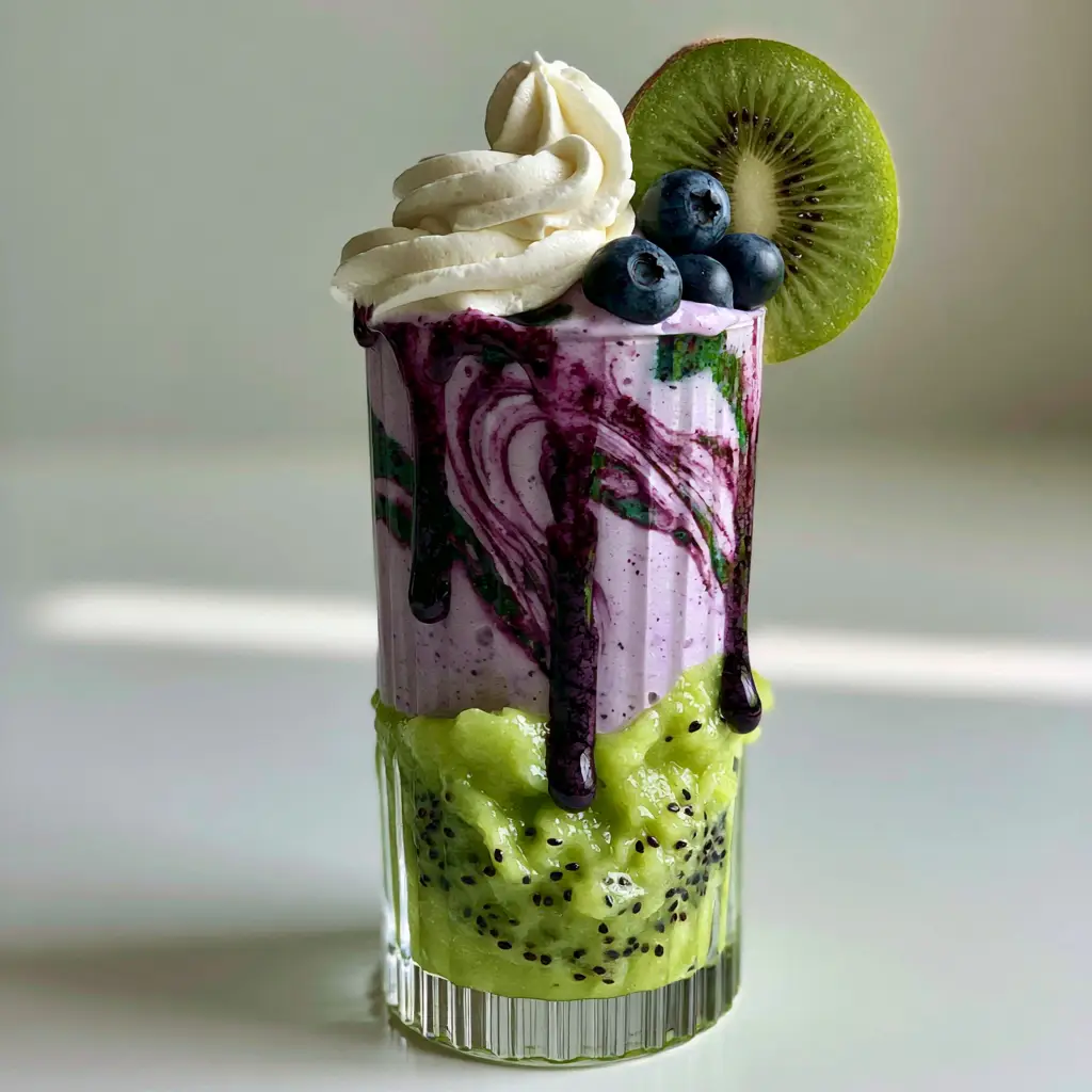 Close up of the lime-green kiwi puree and dark purple drizzle of a Blueberry Kiwi Frappuccino.