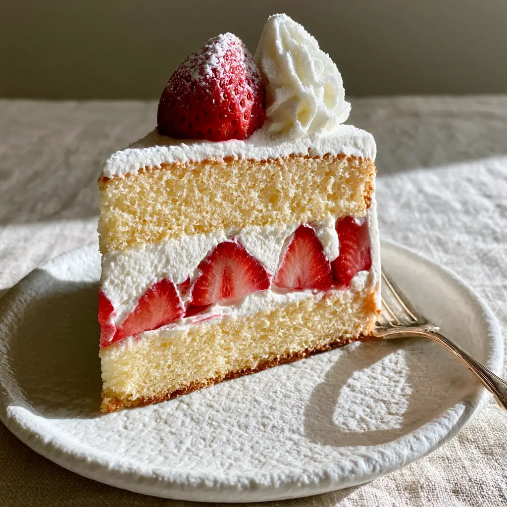 Close up of a Strawberry Cream Cake slice with a vintage silver fork on a minimalist ceramic plate.