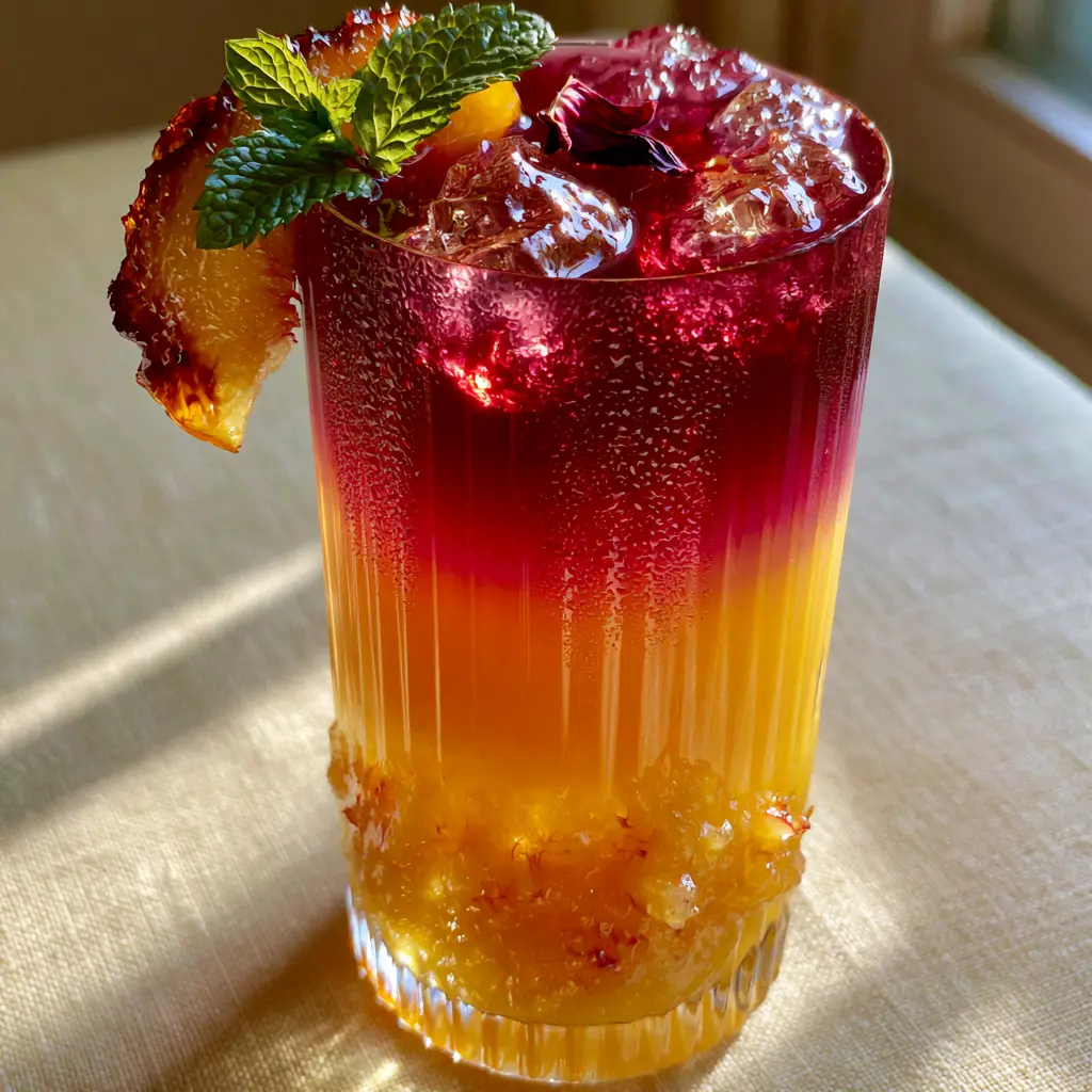 A handheld smartphone photo of the Peach Hibiscus Sunset Tea resting on a cream linen cloth with natural window lighting.