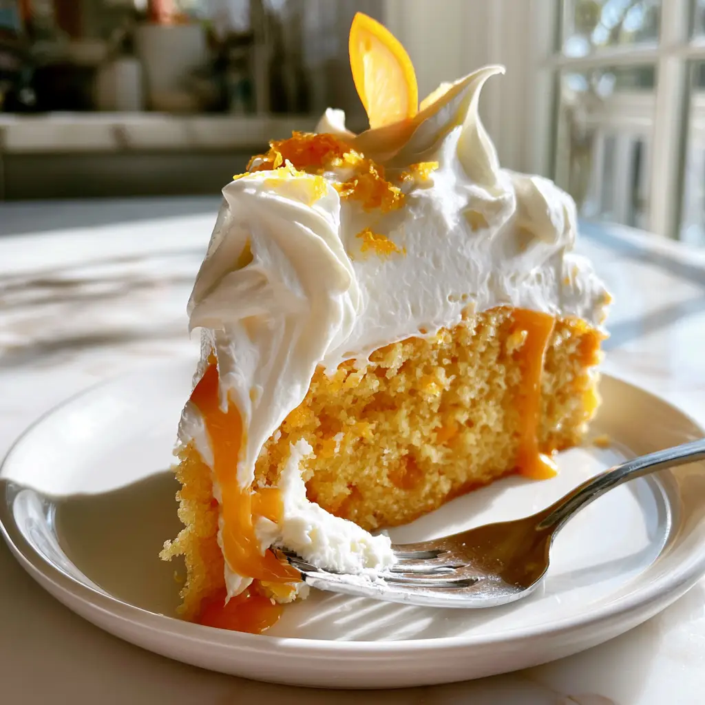 A side profile of Orange Creamsicle Cake with a glossy orange glaze dripping down the thick whipped cream frosting. (Orange Creamsicle Cake)