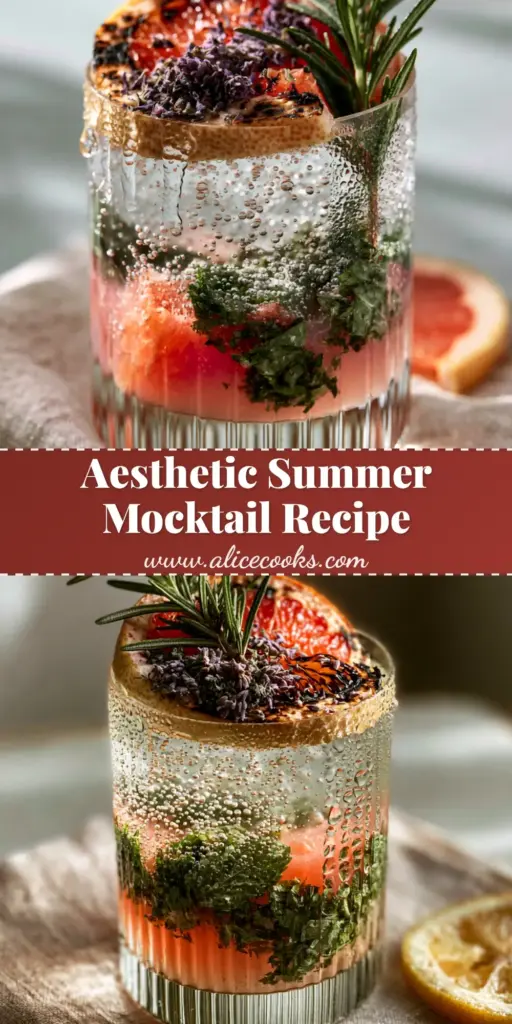 Aesthetic layered pink grapefruit mocktail with charred rosemary in a ribbed glass, perfect for non-alcoholic summer drinks.