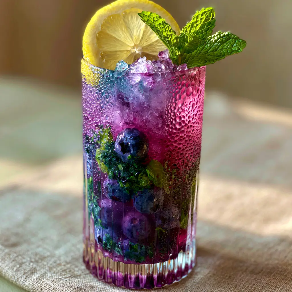 Close-up of heavy condensation beads on a ribbed crystal glass filled with blueberry lemonade.
