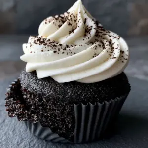 Eye-level shot of a black velvet cupcake showing a moist charcoal-black crumb and a thick white frosting swirl.