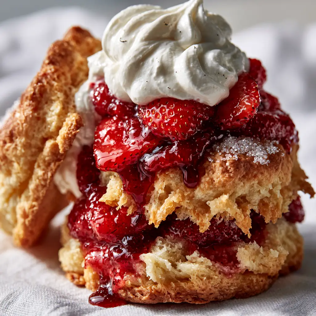 A side-angle view of a homemade strawberry shortcake highlighting the billowy whipped cream and coarse sparkling sugar dusting.