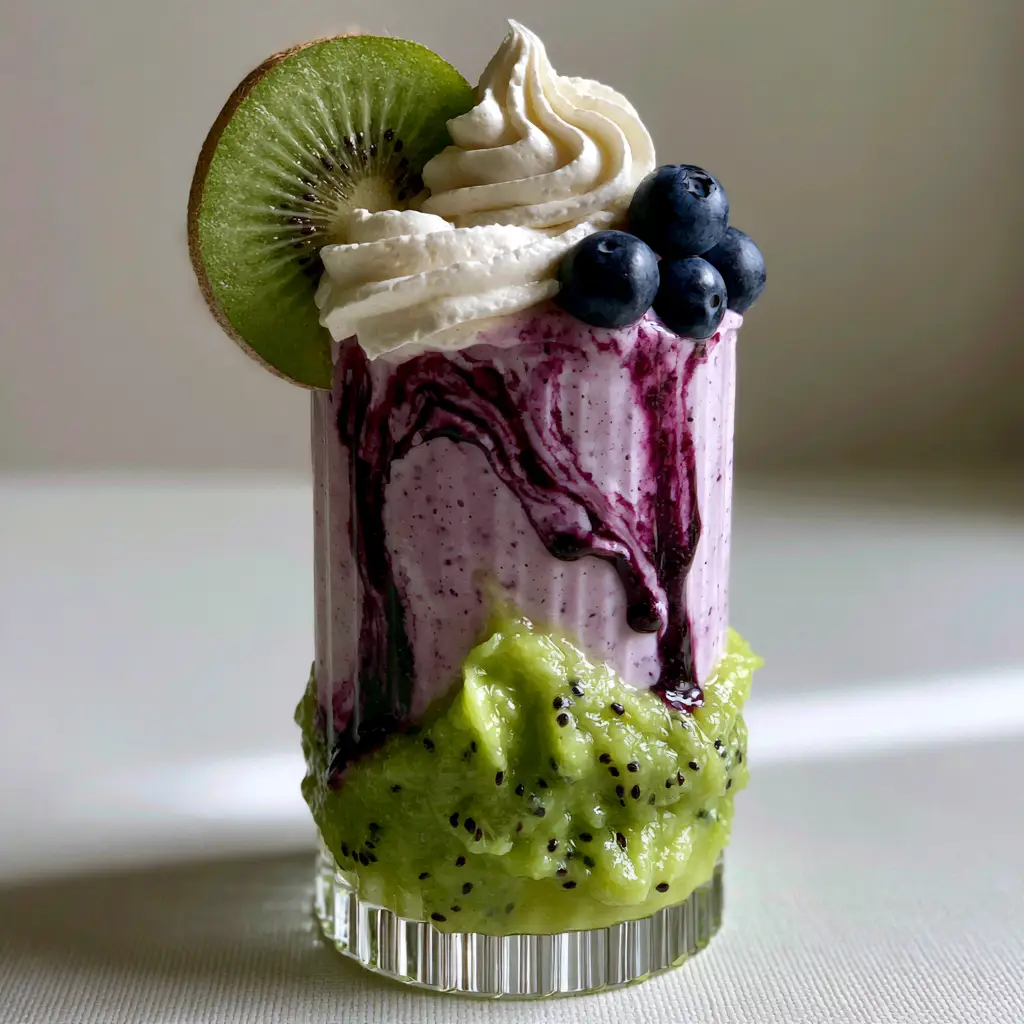 A handheld smartphone photo showing a Blueberry Kiwi Frappuccino with a whipped cream swirl and fresh fruit garnishes.
