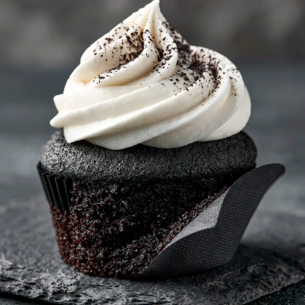 Detailed close-up of the ridge structure in the cream cheese frosting on black velvet cupcakes.