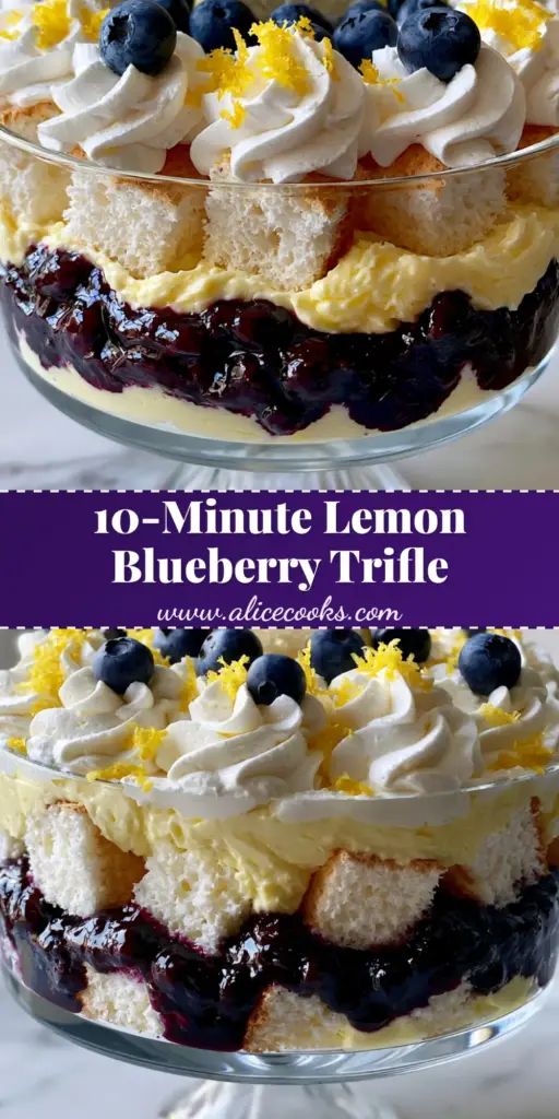 Lemon Blueberry Trifle with Fluffy Angel Food Cake and Zesty Cream Cheese 4 A tall glass trifle bowl filled with layers of golden angel food cake, pastel yellow lemon cream, and glossy purple blueberry compote, garnished with fresh berries and lemon. (lemon blueberry trifle)