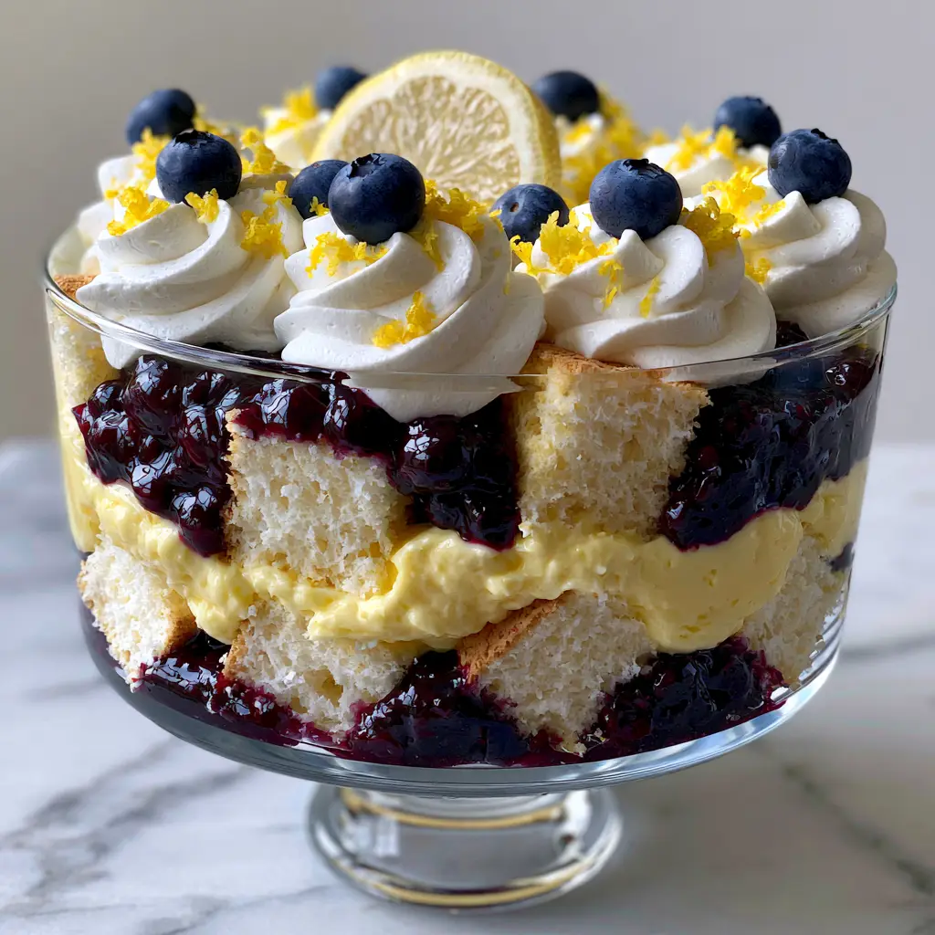 Side view of an elegant glass trifle bowl showing clean gorgeous food layers of cake, lemon filling, and blueberry compote. (lemon blueberry trifle)