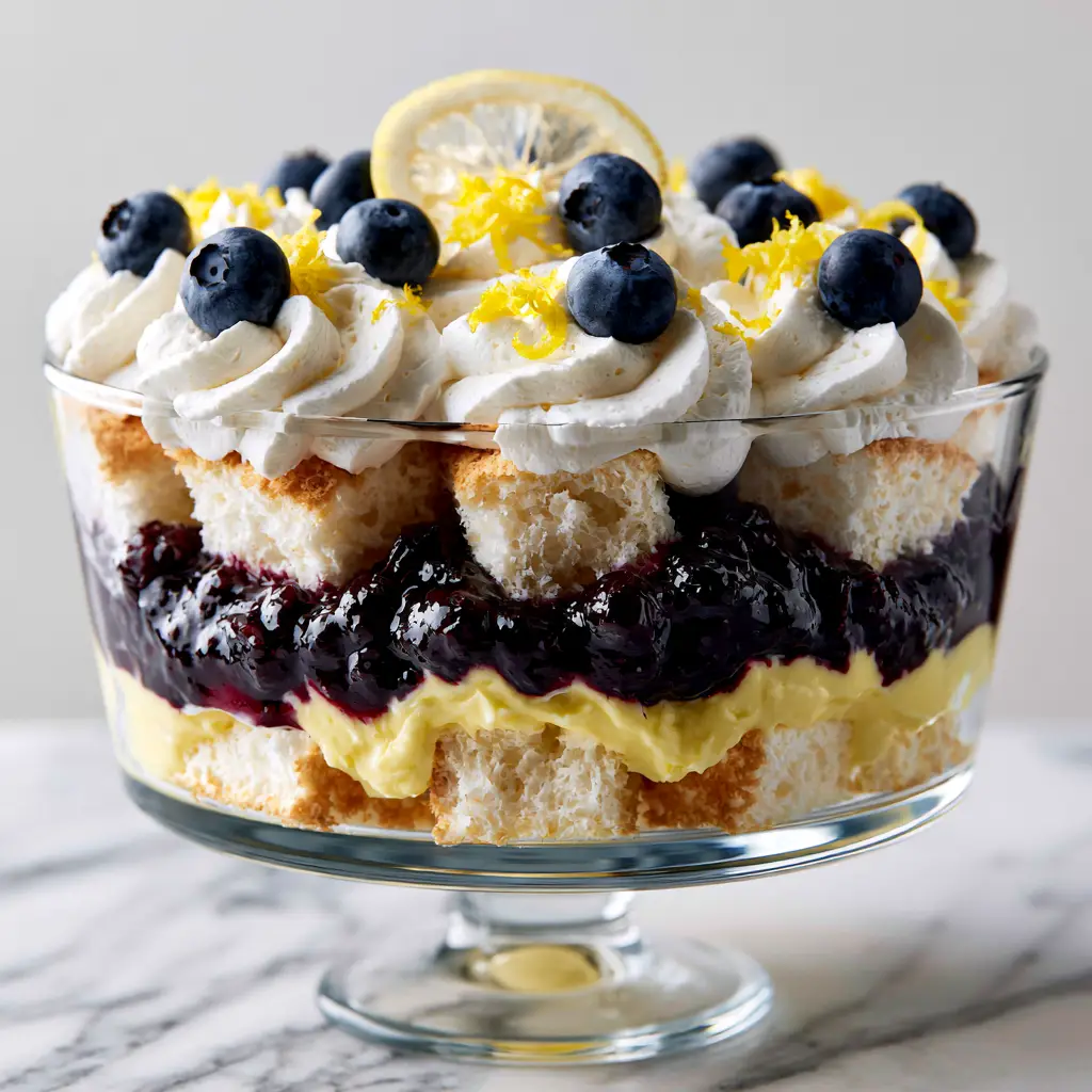 Lemon Blueberry Trifle with Fluffy Angel Food Cake and Zesty Cream Cheese 1 A handheld smartphone photo style shot of a lemon blueberry trifle on a white marble countertop in natural daylight.