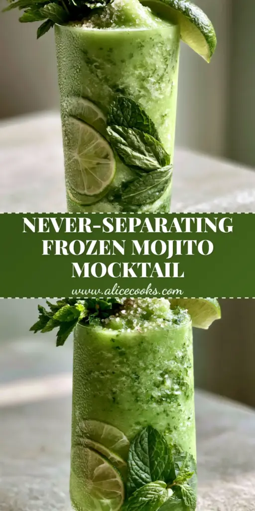 A handheld photo of a Frozen Mojito Mocktail in a crystal glass with a lush mint crown and raw sugar crystals.