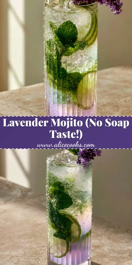 A tall ribbed crystal glass containing a Lavender Mojito Mocktail with purple gradient and clear ice on travertine stone.