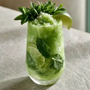 A premium crystal highball glass filled with a pastel green Frozen Mojito Mocktail showing delicate water condensation.
