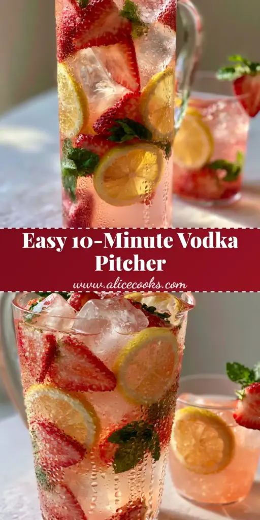 Vodka Batch Cocktails: The Ultimate Strawberry Mint Refreshment 4 A tall crystal pitcher of pale pink Vodka batch cocktails with strawberry slices, lemon wheels, and mint on a marble counter. (Vodka batch cocktails)