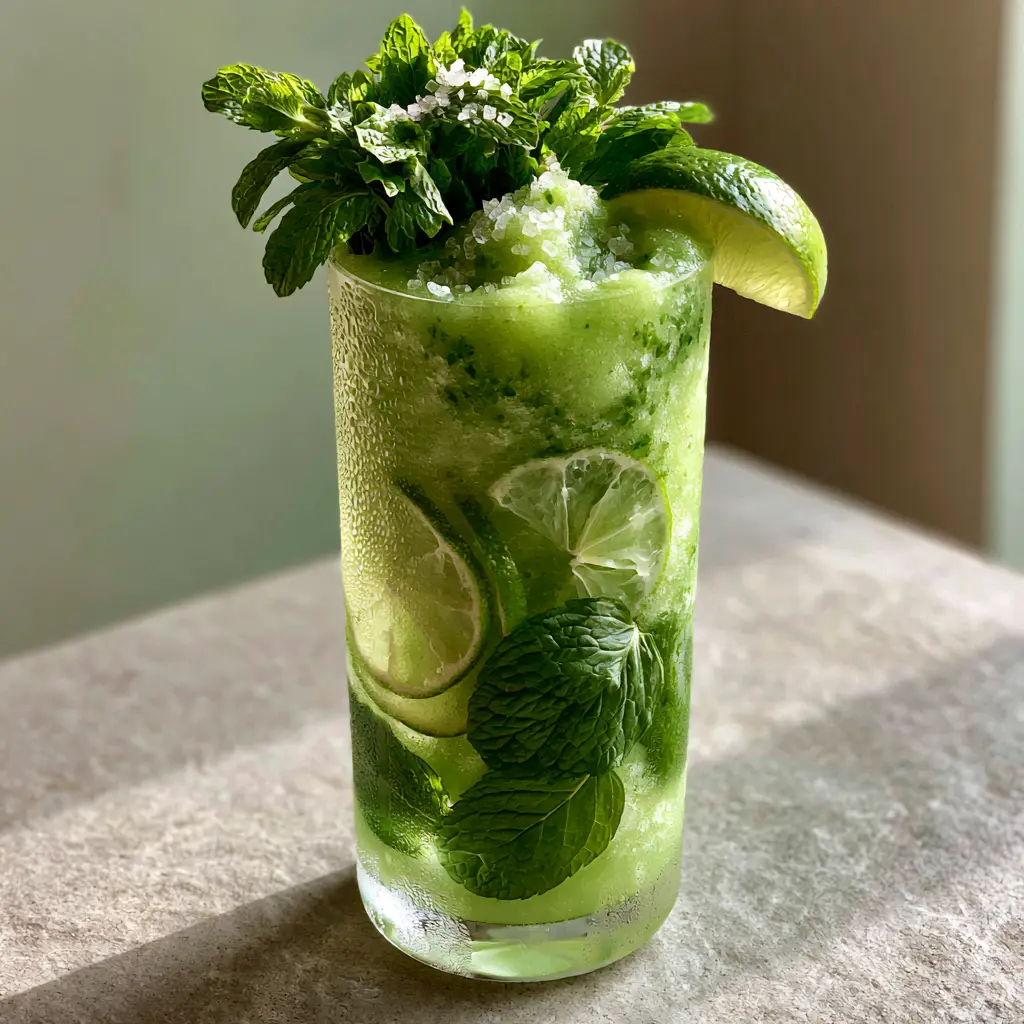 Close up of the Frozen Mojito Mocktail garnishes including raw sugar dusting and translucent key lime slices.