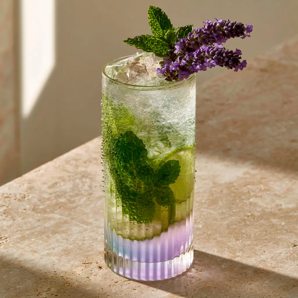 Lavender Mojito Mocktail garnished with fresh lavender flowers and mint sprigs on a beige countertop.