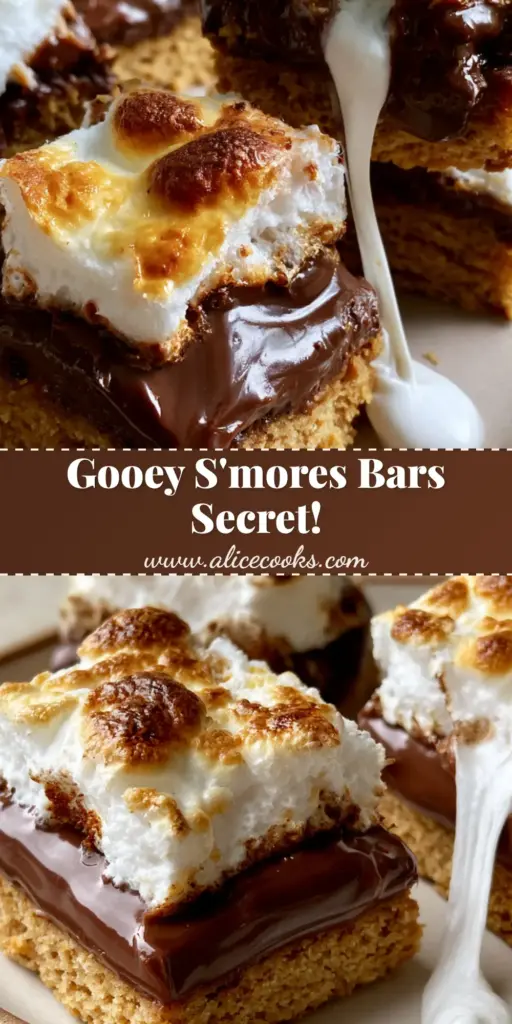 A close-up of sliced S'mores Cookie Bars showing a thick graham cracker crust, melted milk chocolate, and toasted marshmallows with a long gooey stretch.