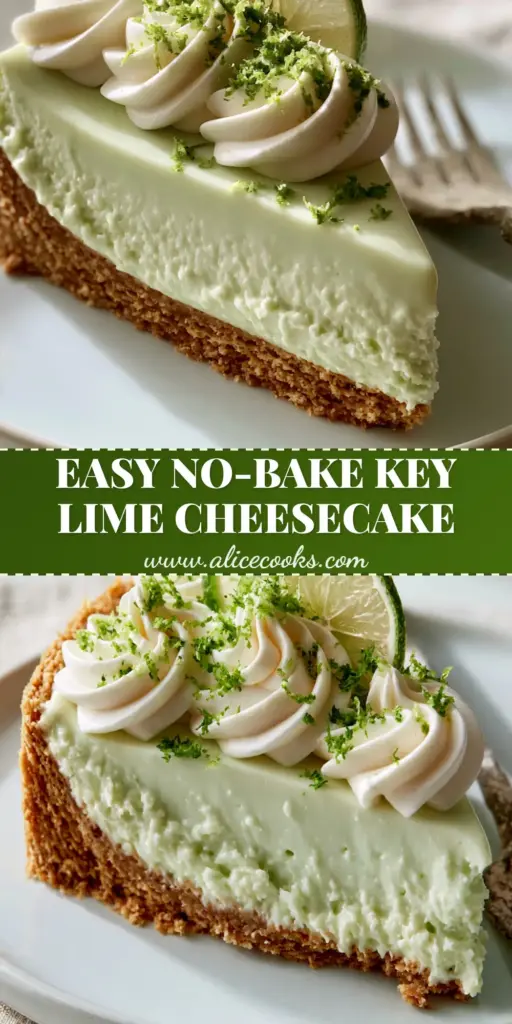 A close-up vertical shot of a slice of no-bake Key Lime Cheesecake with a golden graham cracker crust and whipped cream dollops.