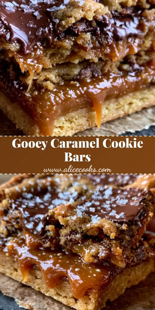 A close-up pull-apart shot of gooey salted caramel chocolate chip cookie bars with dripping amber caramel and sea salt flakes.