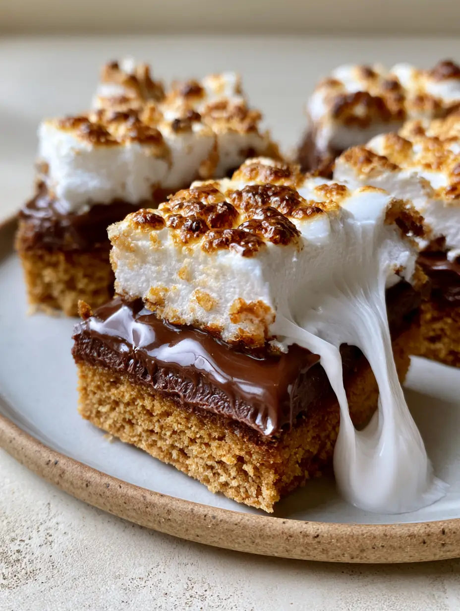 Close-up of S'mores Cookie Bars featuring charred golden-brown marshmallows and melted chocolate layers on a concrete background.
