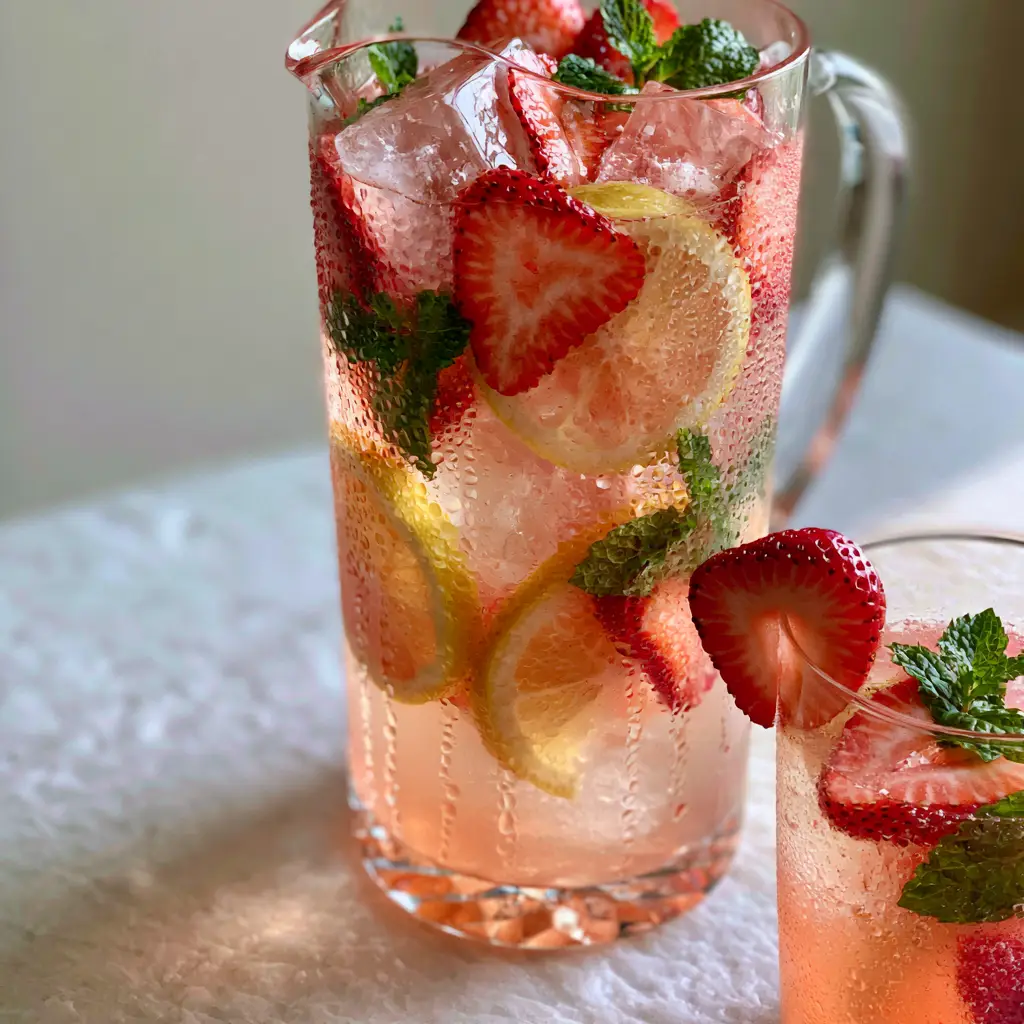 Vodka Batch Cocktails: The Ultimate Strawberry Mint Refreshment 2 Close-up of a sweating pitcher filled with pink vodka cocktail, clear ice, and citrus. (Vodka batch cocktails)