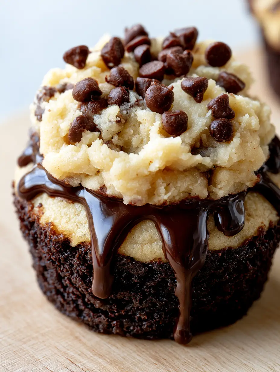 Macro close-up of glossy dark chocolate brownie base and textured pale cookie dough. (chocolate chip cookie dough brownie bites)