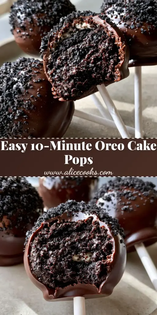 Three gourmet Oreo Cake Pops on white sticks with glossy dark chocolate coating and cookie crumbs. (Oreo Cake Pops)