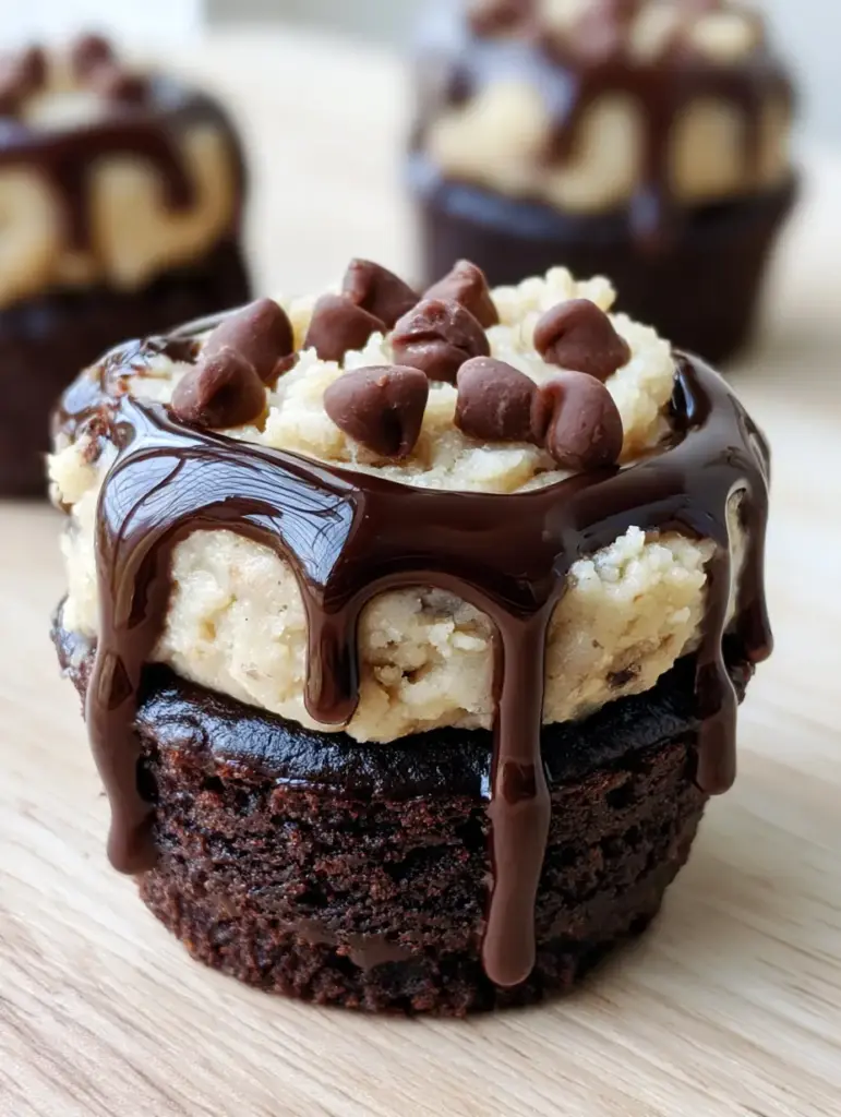 Glistening dark chocolate drizzle cascading down the sides of a mini brownie bite.
