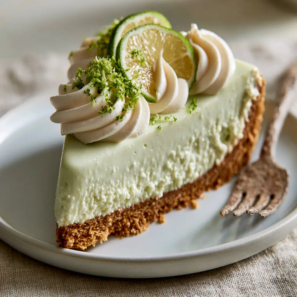 Handheld smartphone style photo of Key Lime Cheesecake with a rustic fork on a linen surface.