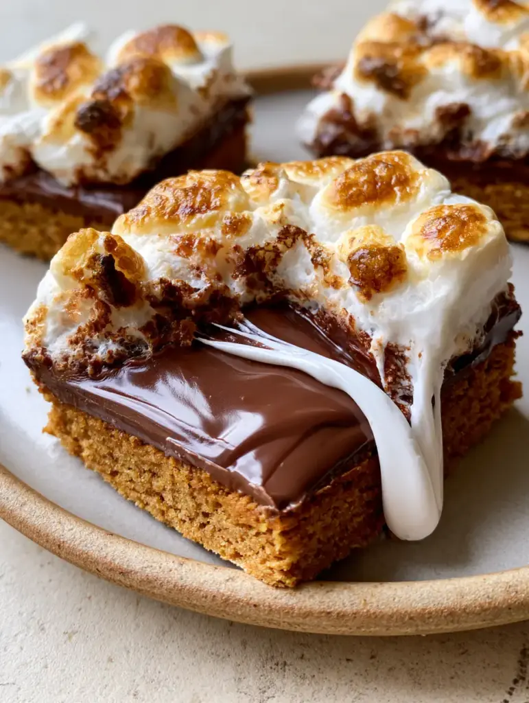 A smartphone photo of sliced S'mores Cookie Bars stacked on a white ceramic plate.