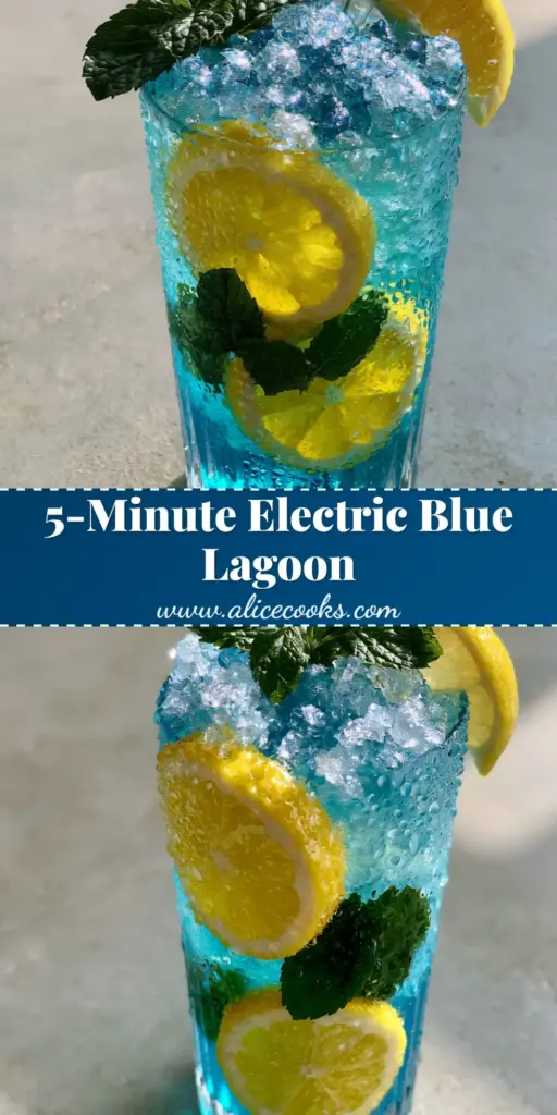 A professional Electric Blue Lagoon cocktail in a ribbed glass with crushed ice and mint. (blue curacao cocktails)