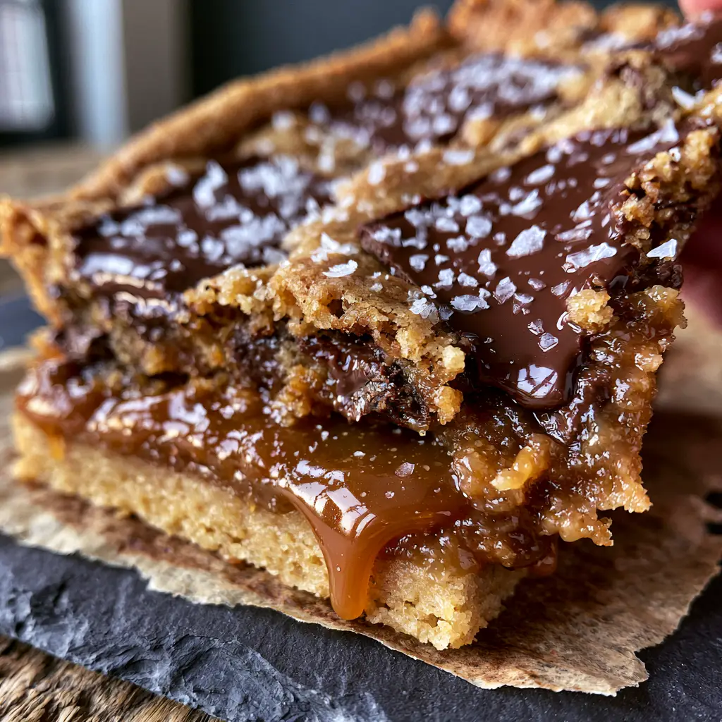 Freshly sliced salted caramel chocolate chip cookie bars resting on rustic parchment paper.