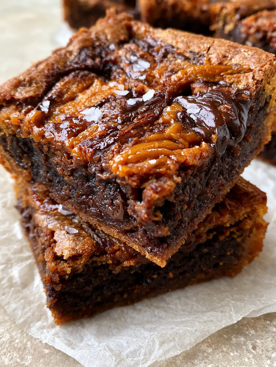 Close up of a golden-brown cookie bar base with melted dark chocolate chunks and flaky sea salt. (chocolate chip cookie butter bars)