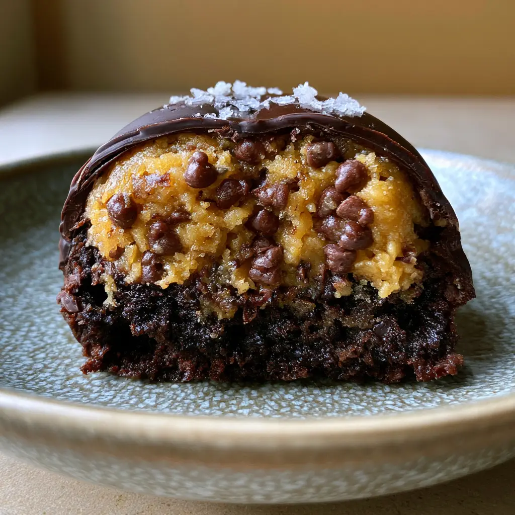 Close up of the glossy dark chocolate shell and flaky sea salt on Chocolate Chip Cookie Dough Brownie Bombs.