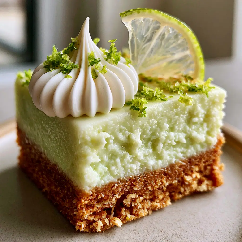 A top-down view of Key Lime Pie Cheesecake squares decorated with whipped cream and neon-green lime zest.