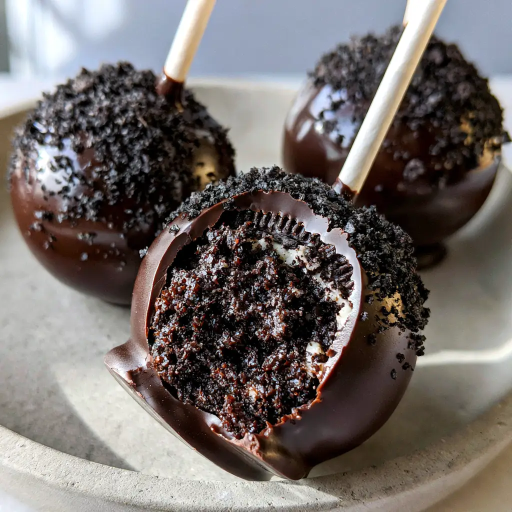 Three Oreo Cake Pops arranged on a minimalist neutral concrete plate with soft natural lighting.