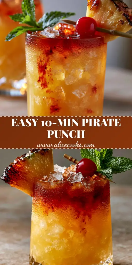 A premium pirate punch cocktail with a mahogany-red spiced rum float and charred pineapple garnish in a crystal glass. (pirate punch cocktail)