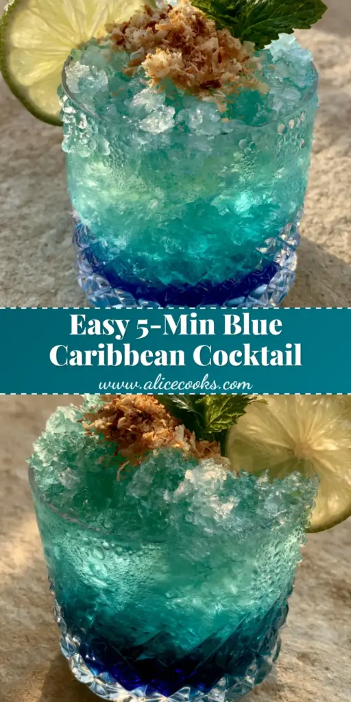 A tropical blue caribbean cocktail in a textured crystal glass with a beautiful blue-to-turquoise gradient, crushed ice, and toasted coconut garnish.