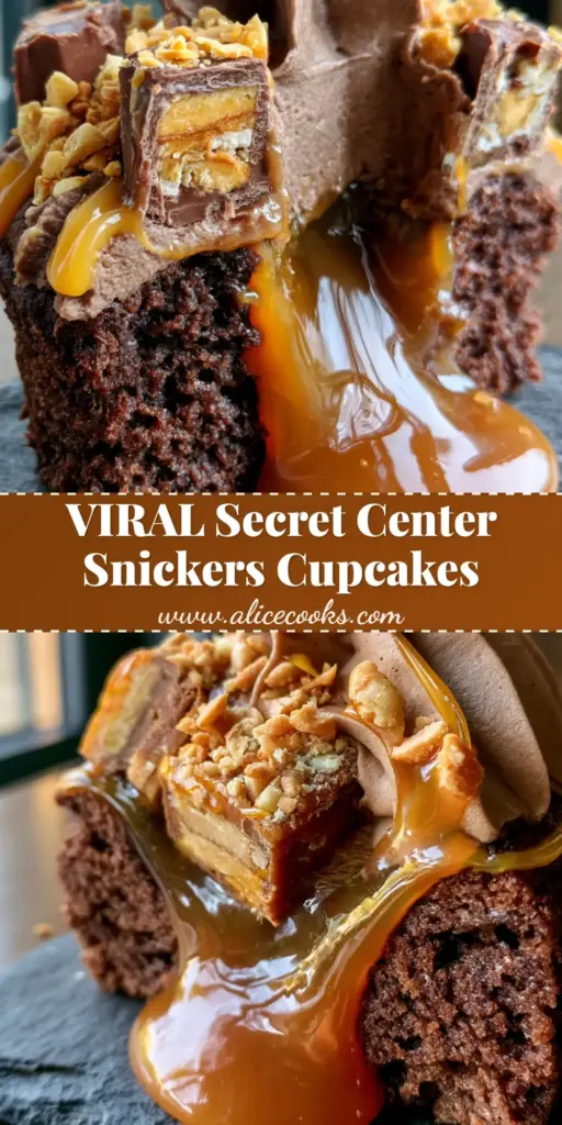 A tall Snickers cupcake with a structured swirl of chocolate peanut butter frosting, topped with Snickers chunks and caramel drizzle. (snickers cupcakes)