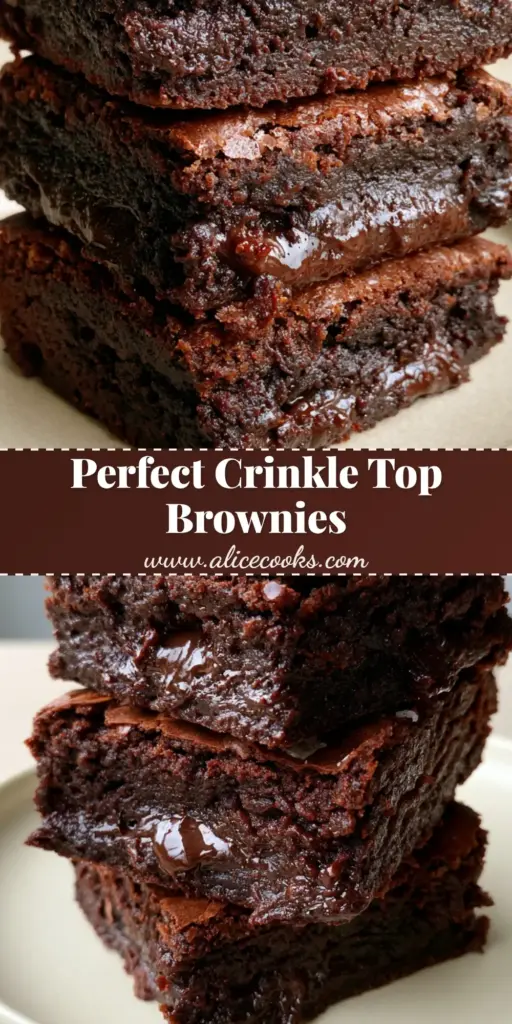 A vertical stack of three thick chocolate brownies with a reflective crinkle crust and sea salt flakes. (fudgy brownie recipe)