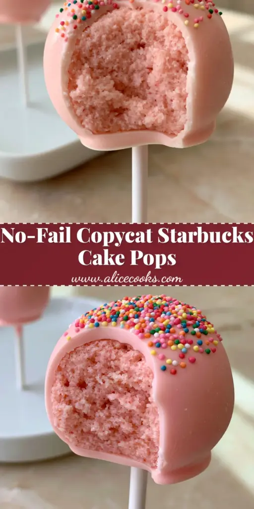 A close-up of a Starbucks Cake Pop with a bite taken out, showing the moist pink interior and pastel pink shell with rainbow sprinkles.