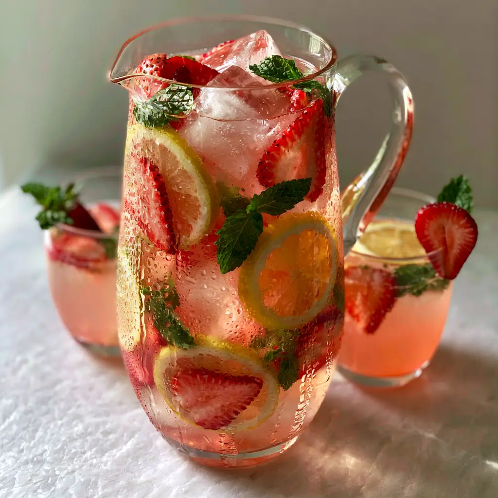 Vodka Batch Cocktails: The Ultimate Strawberry Mint Refreshment 1 A matching glass and pitcher of strawberry vodka cocktail on a white marble background.
