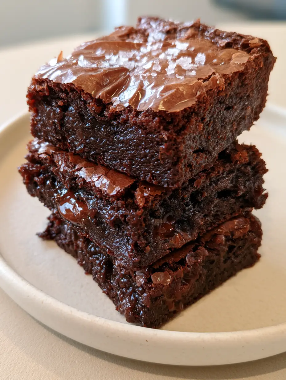 Smartphone photo of three dense chocolate brownies on a cream plate showing molten chocolate pockets. (fudgy brownie recipe)