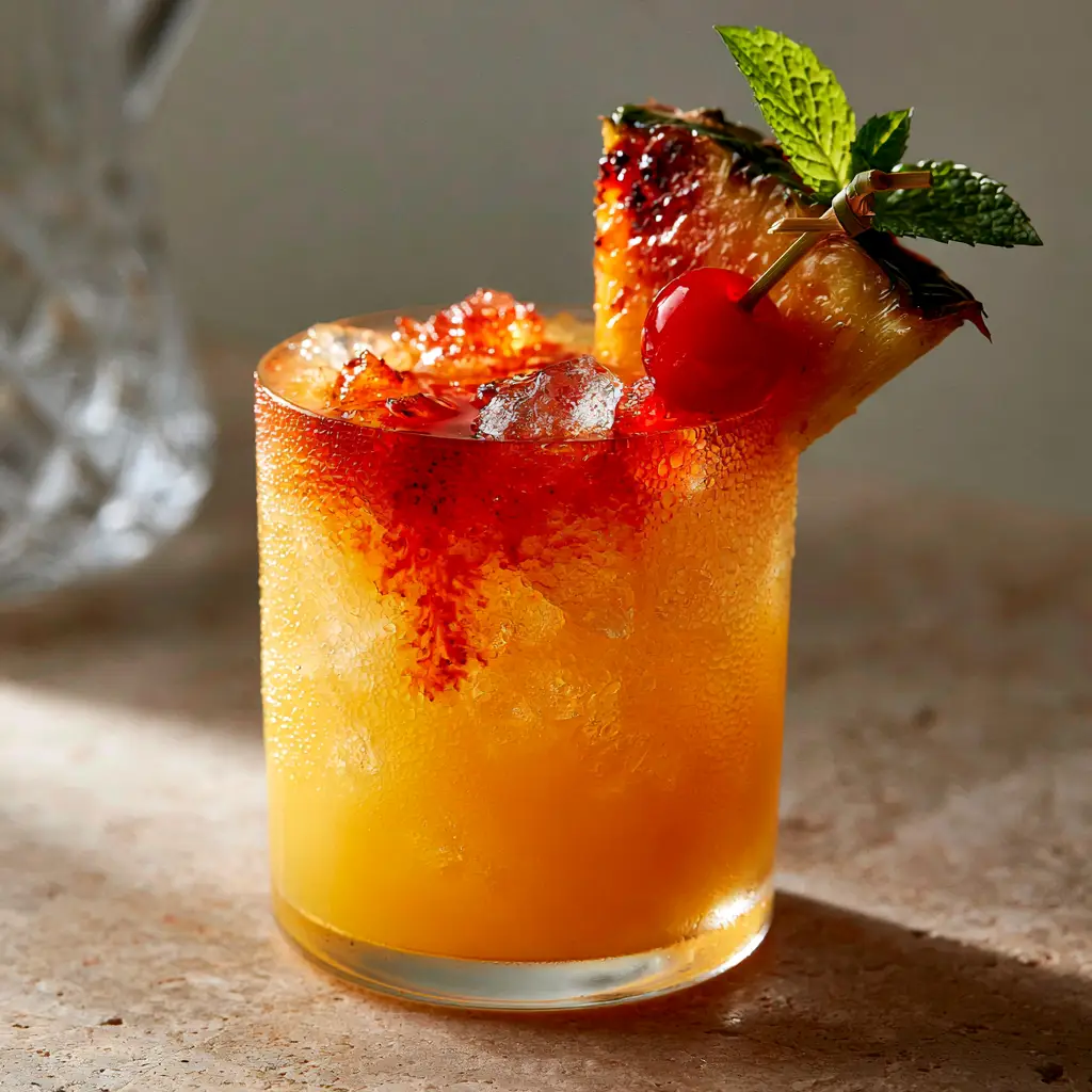 A crystal pitcher and glass filled with pirate punch cocktail, crushed ice, and mint garnishes.
