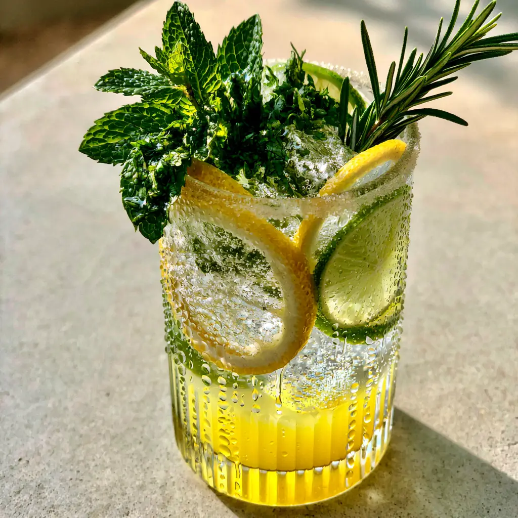 A refreshing summer citrus drink with lemon syrup, lime wheels, and a fresh rosemary sprig in a tall glass.