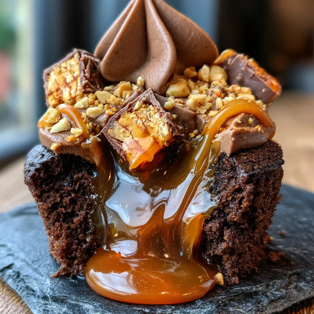 Macro view of structured peanut butter frosting peaks topped with Snickers bar chunks and roasted peanuts.